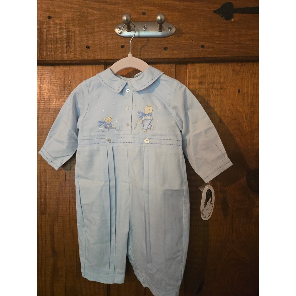 Sarah Louise Baby Boy Blue Teddy Bear Embroidered Romper 6 Months NWT 5292